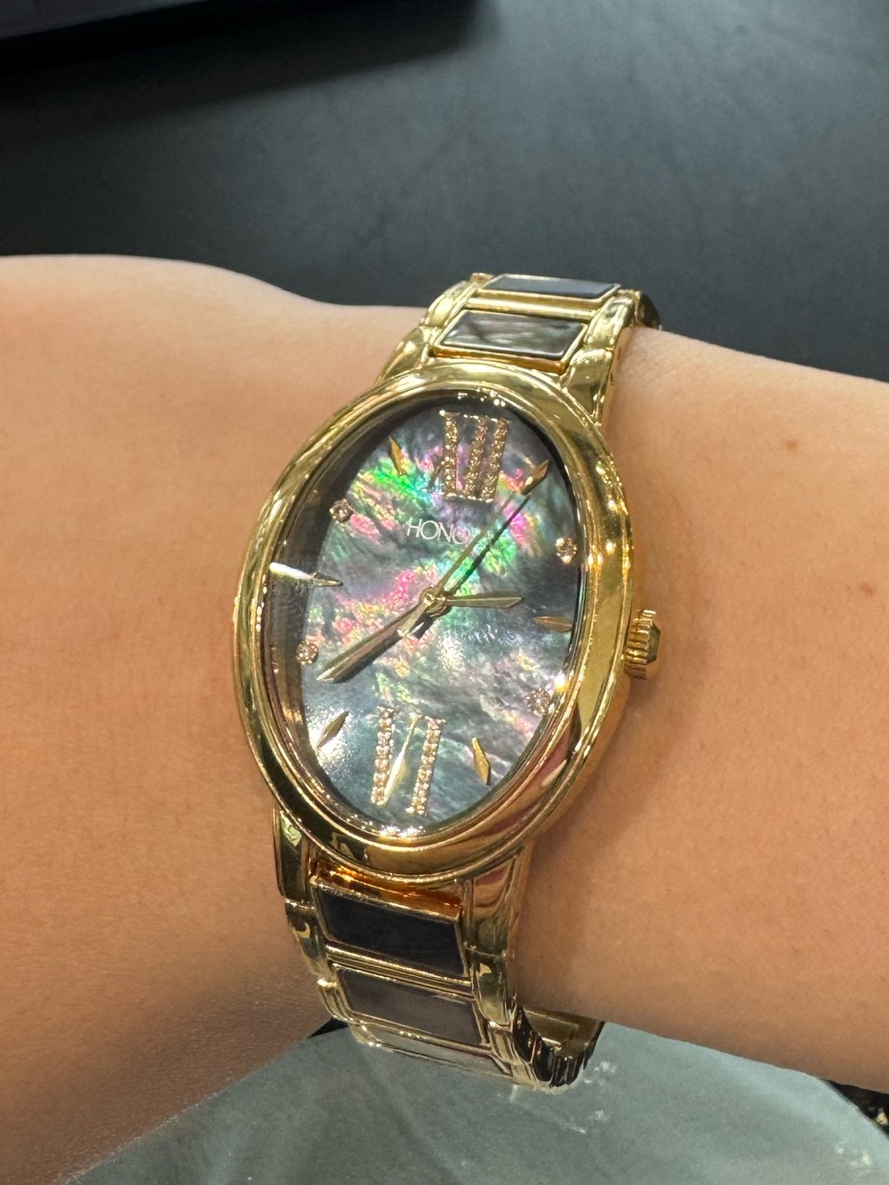 HONORA Black Mother of Pearl Oval Gold Watch Multi Color Shell Link Bracelet